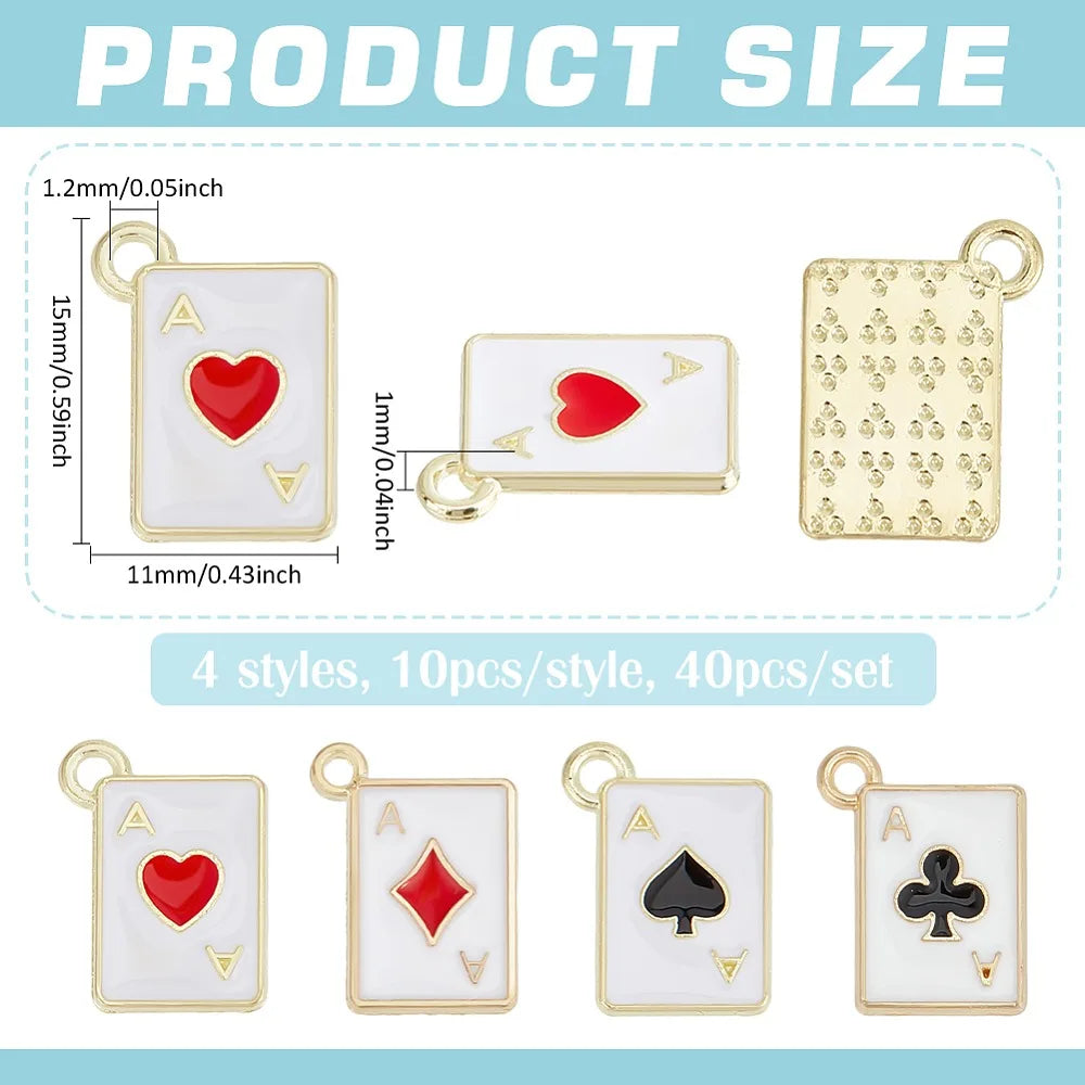 40Pcs 4 Styles Alloy Enamel Pendants Rectangle with Playing Card Charm Mixed Shapes 15x11x1mm Hole: 1.2mm 10pcs/style