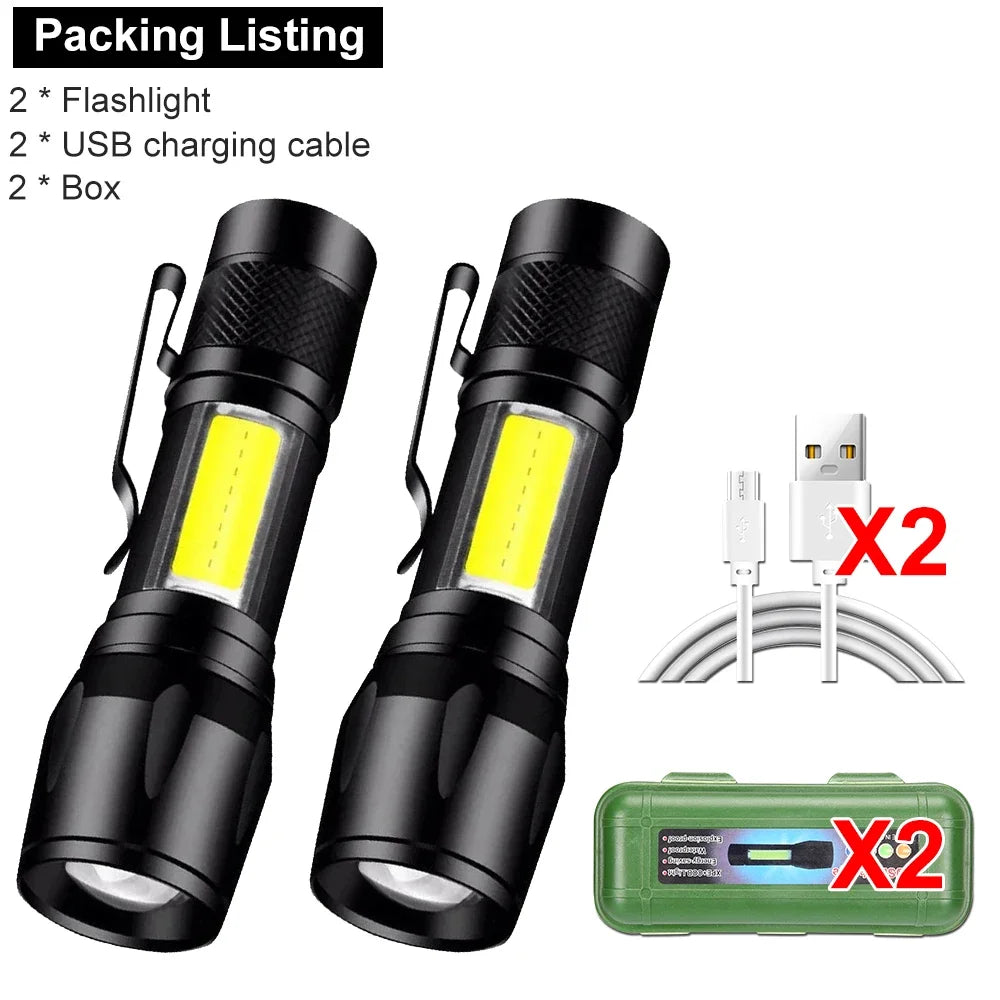 Mini LED Flashlight COB Floodlight Portable Work Torch USB Rechargeable Lantern Zoomable Outdoor Camping Light with Pen Clip
