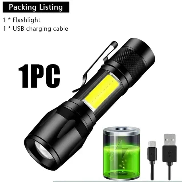 Mini LED Flashlight COB Floodlight Portable Work Torch USB Rechargeable Lantern Zoomable Outdoor Camping Light with Pen Clip