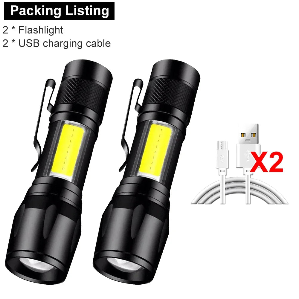 Mini LED Flashlight COB Floodlight Portable Work Torch USB Rechargeable Lantern Zoomable Outdoor Camping Light with Pen Clip