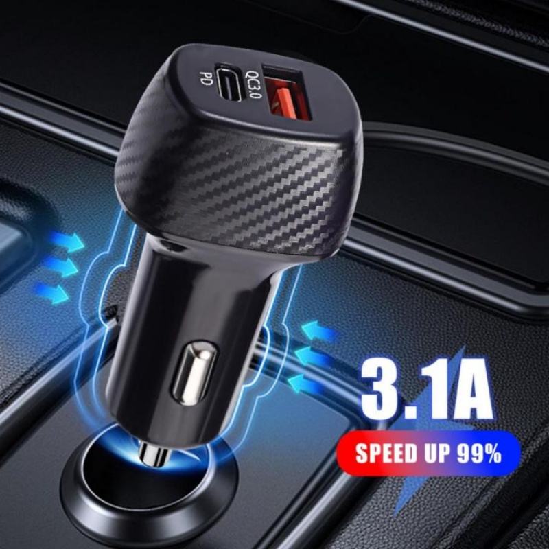 PD20W USB-C & QC3.0 Dual Port Fast Car Charger-Compact 2-Port Vehicle Charging Adapter