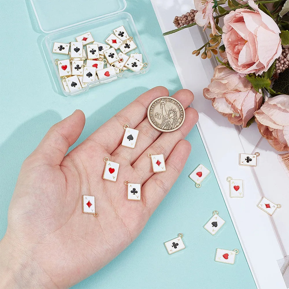 40Pcs 4 Styles Alloy Enamel Pendants Rectangle with Playing Card Charm Mixed Shapes 15x11x1mm Hole: 1.2mm 10pcs/style