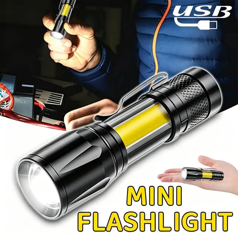 Mini LED Flashlight COB Floodlight Portable Work Torch USB Rechargeable Lantern Zoomable Outdoor Camping Light with Pen Clip